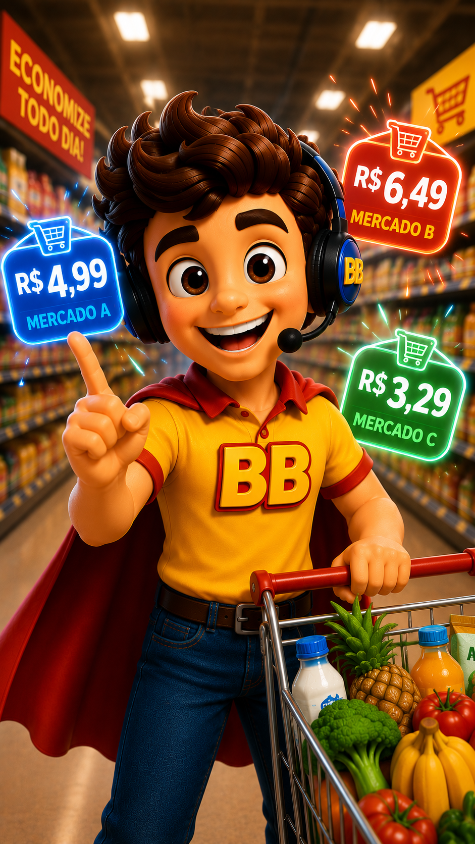 Mascote BB mostrando comparação de preços entre mercados