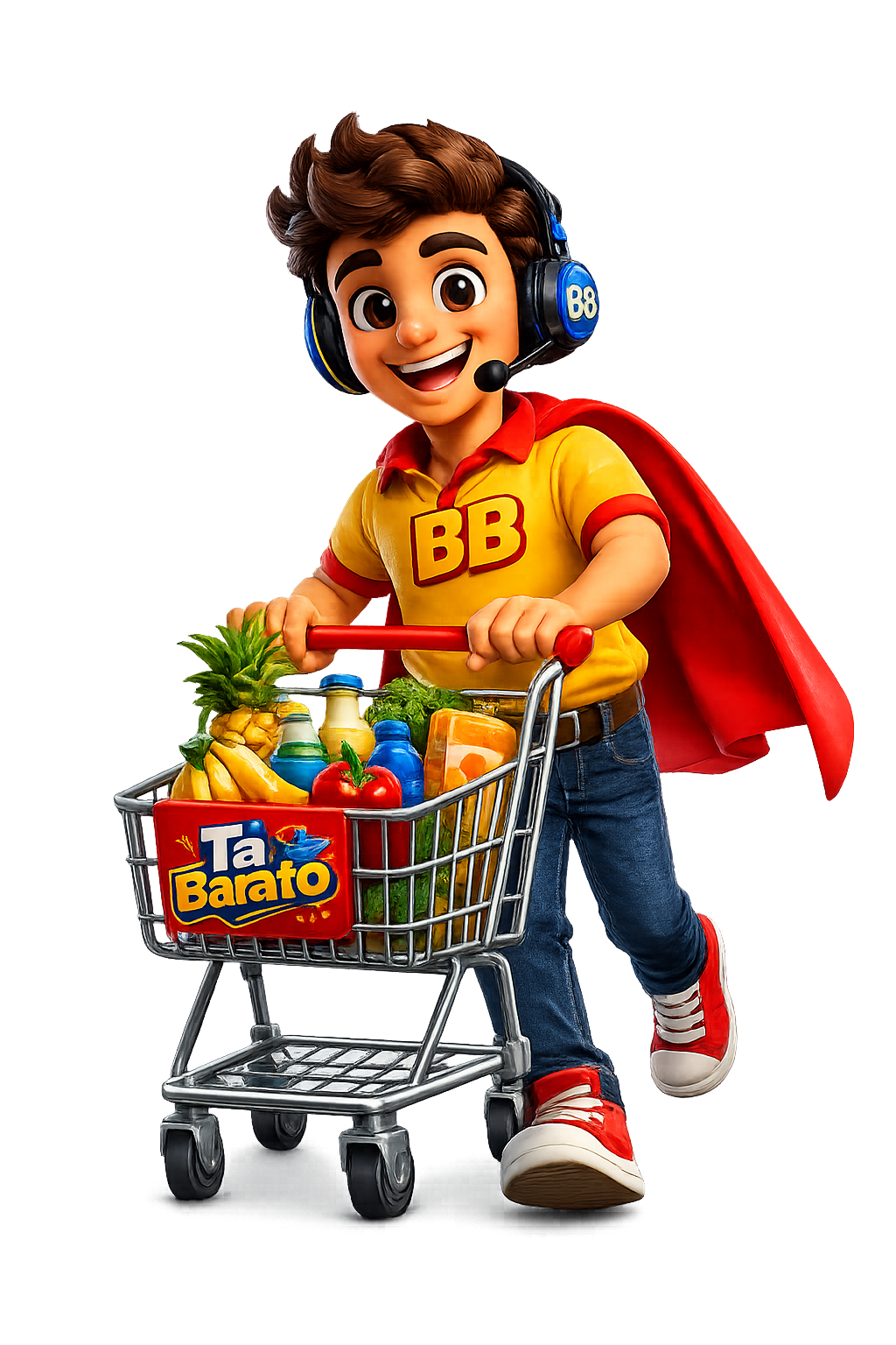 Mascote BB do TaBarato empurrando carrinho