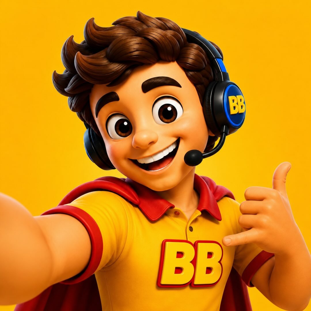Selfie do mascote BB com fundo amarelo, fazendo joinha